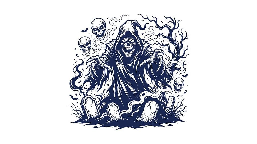 Detailed vector illustration of a grim reaper with skulls and tombstones for Halloween