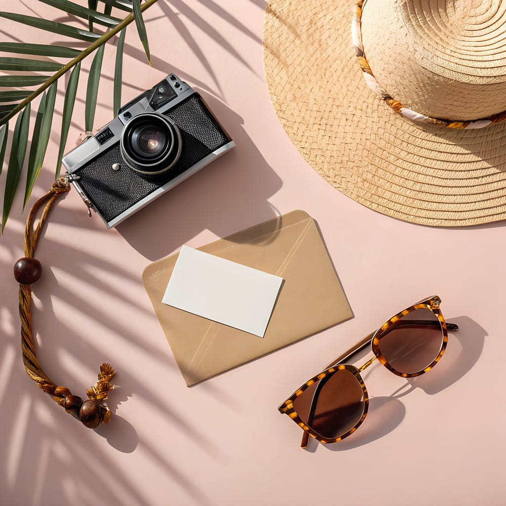 Summer essentials arranged on a pink background hat camera and sunglasses