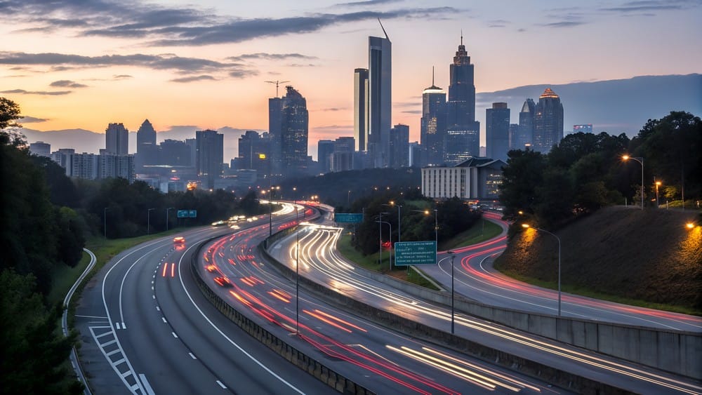 A dynamic view of a multi-lane highway at twilight, showcasing streaks of car headlights and taillights. The urban skyline with modern skyscrapers rises in the distance under a soft, cloudy sky, perfect for concepts of travel and city life.