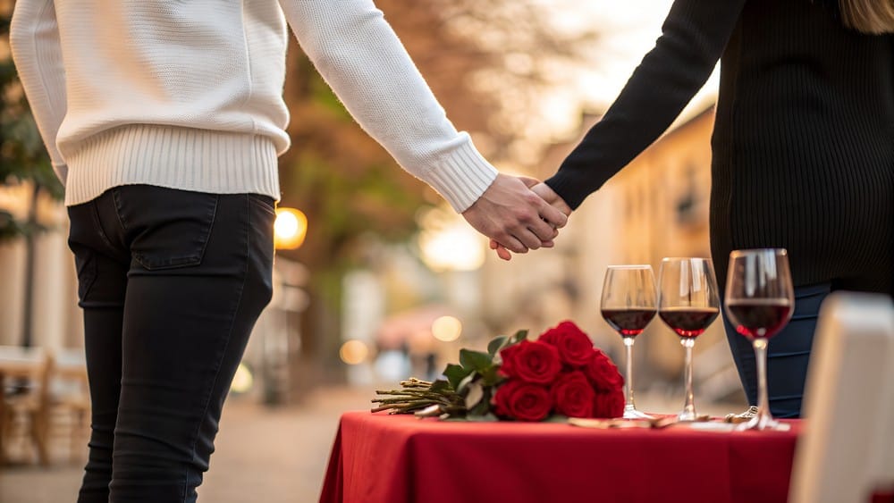 Couple holding hands at romantic outdoor dinner table with roses and wine