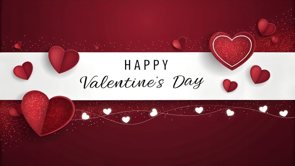A festive Valentine's Day banner featuring layered red paper hearts and sparkling glitter accents on a deep red background. Ideal for romantic celebrations and love-themed promotions.