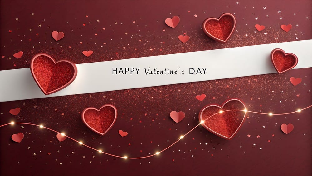 Elegant Valentine's Day hearts with glitter and string lights on a deep red background