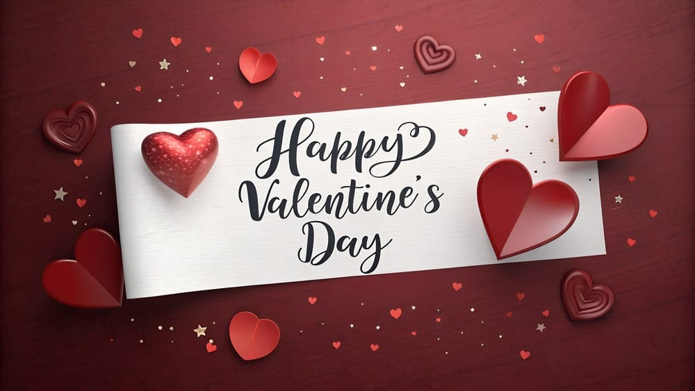 Happy Valentine's Day greeting with red hearts and confetti on a dark background