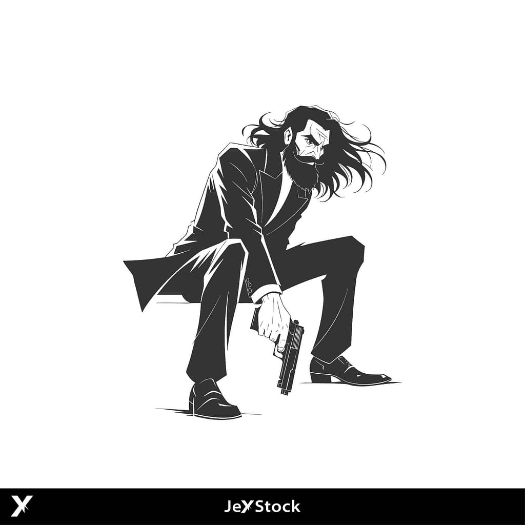 John Wick Style Man in Suit with Handgun Vector Sketch Jexstock