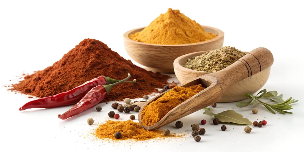 Assortment of colorful ground spices and whole chilies in wooden bowls