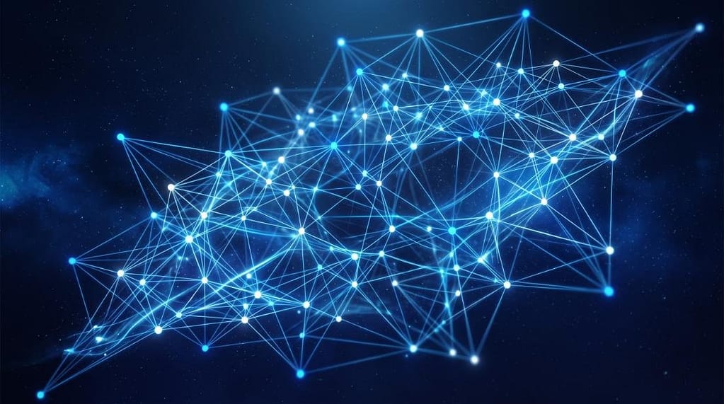 : Abstract blue digital network technology background with glowing connected nodes and lines