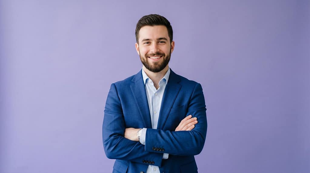 Confident young businessman in a blue suit with crossed arms smiling against a purple studio background.
