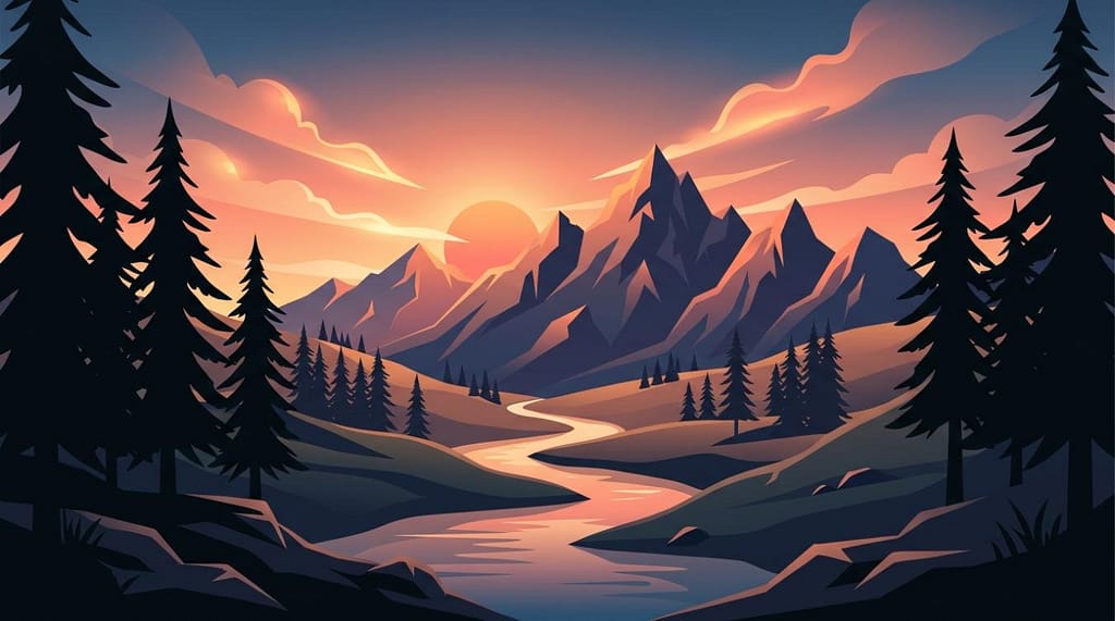 Flat vector illustration of a sunset mountain landscape with pine trees, a winding river, and a glowing sun.