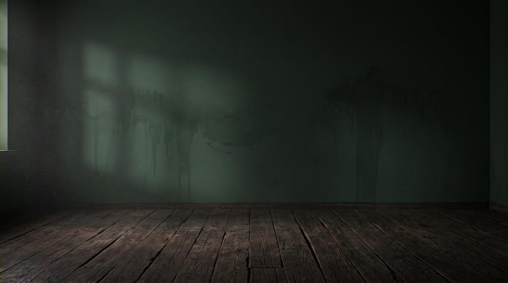 Dark Moody Room Interior Studio Background Dark moody empty room interior background with dark green wall and rustic wooden floor