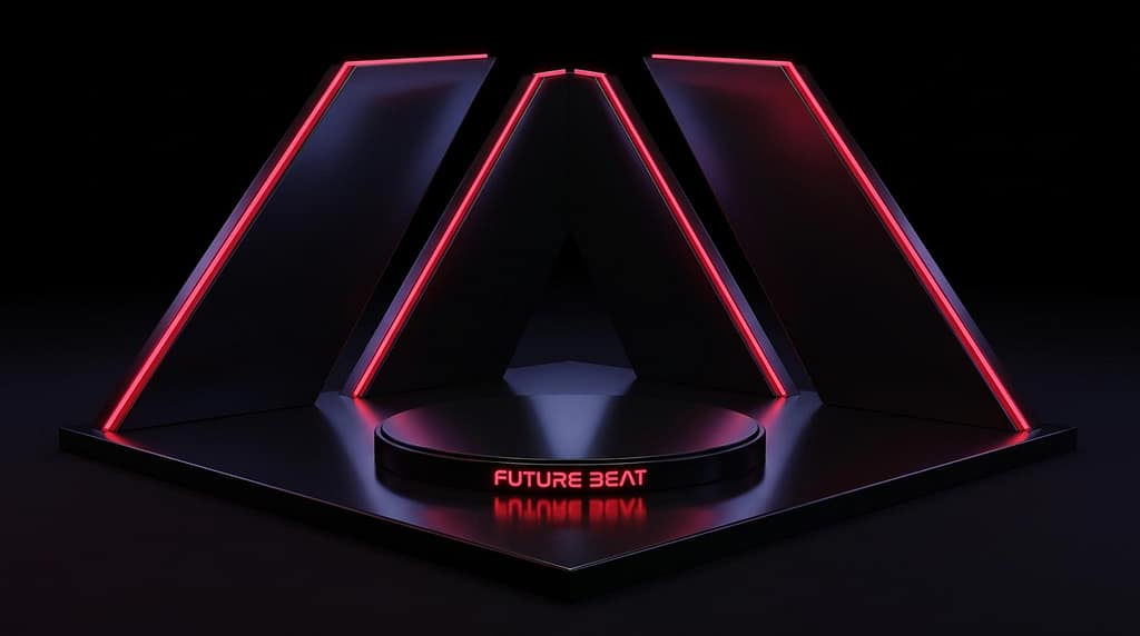 Futuristic dark metallic podium with red neon LED strip lights for product display