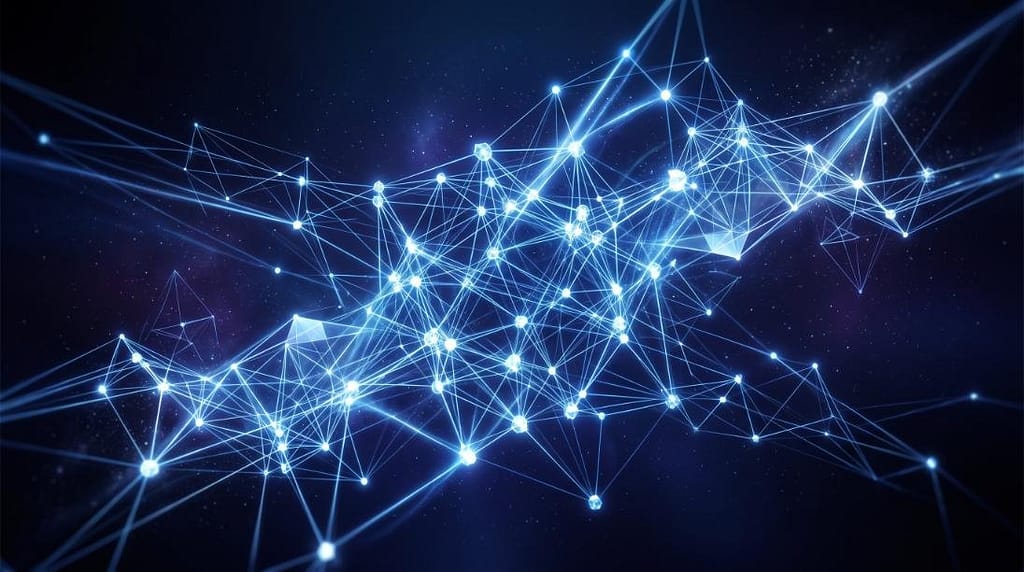 Abstract technology network background featuring glowing nodes and interconnected mesh lines on dark backdrop.