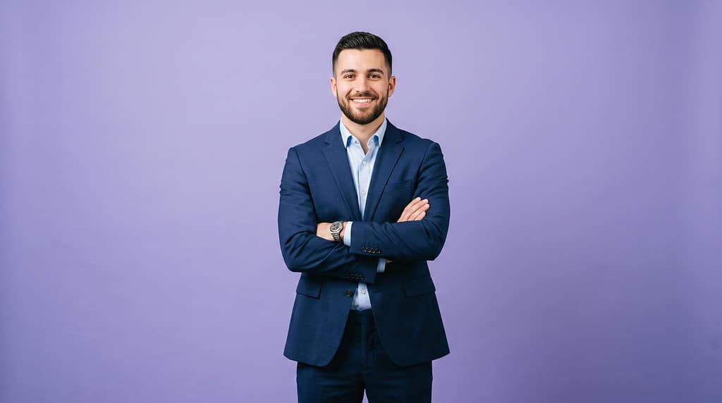 Smiling businessman in a blue suit with crossed arms standing against a purple background