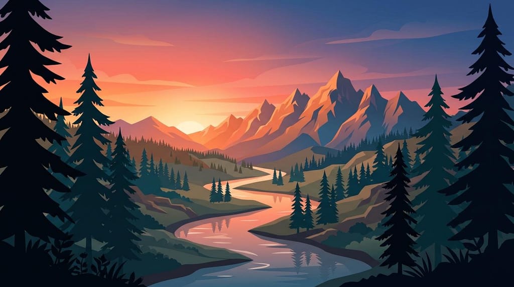 Scenic mountain valley landscape vector featuring pine trees and a winding river illuminated by a sunset sky.