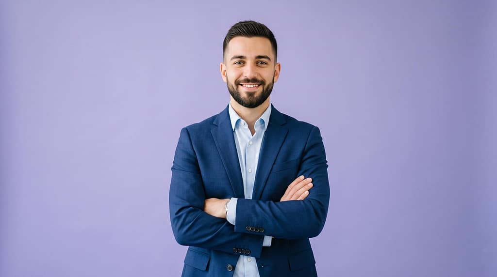 Confident smiling young businessman in a blue suit with folded arms standing on a purple background.