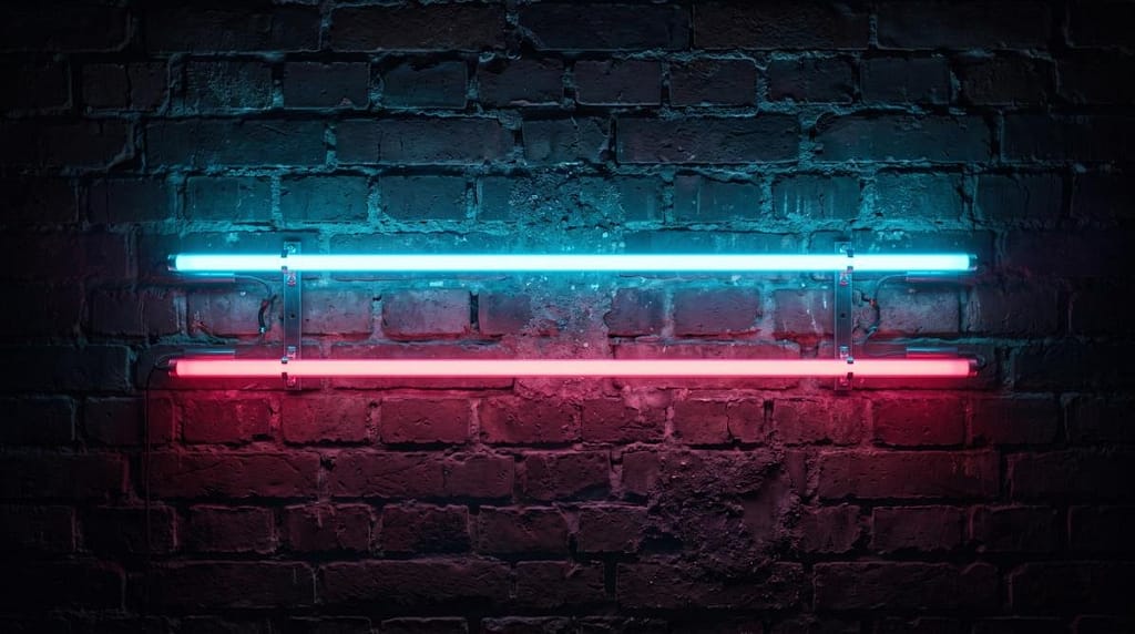 Vibrant cyan and pink neon light tubes mounted on a dark textured brick wall background