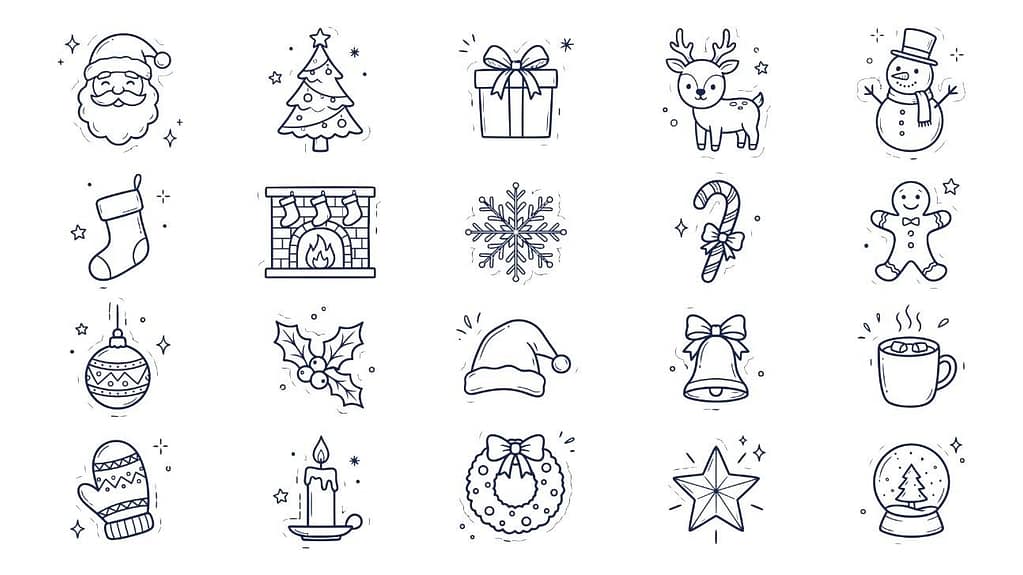 Hand-drawn cute Christmas doodle icons vector set featuring Santa, reindeer, and snowmen