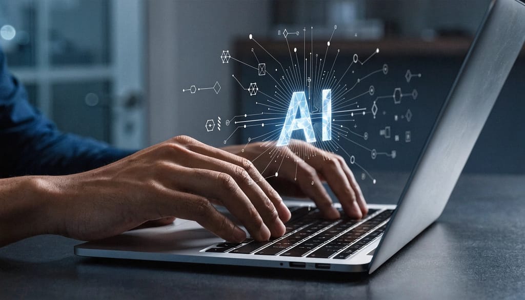Close-up of hands typing on a laptop with a glowing blue AI neural network and data nodes floating above the keyboard.