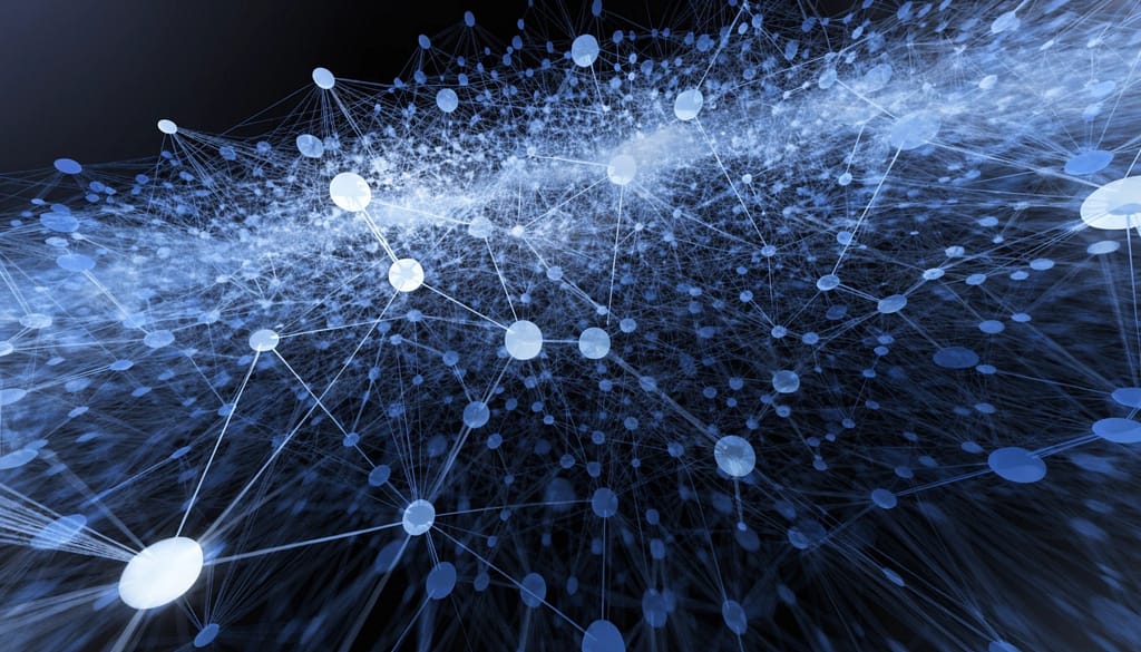 Abstract blue network technology background featuring glowing nodes and data connections