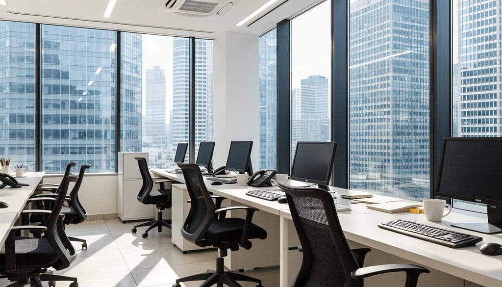Modern corporate office workspace with desks, computers, and city skyline view