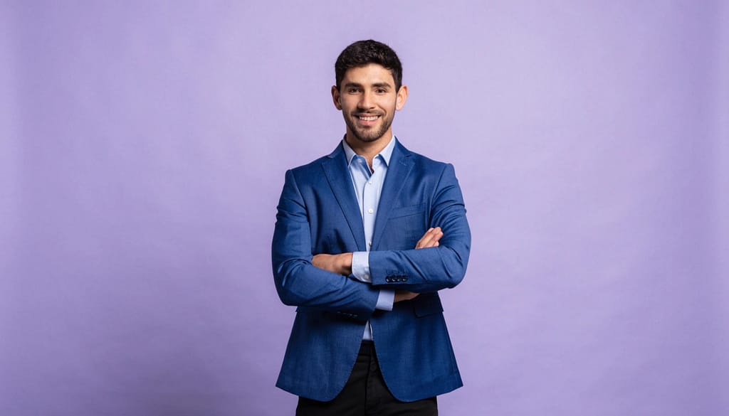 Confident professional businessman wearing a blue suit with arms crossed against a clean background