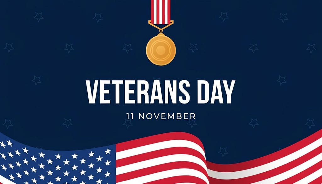 Veterans Day background featuring a gold military medal, text 11 November, and a waving American flag