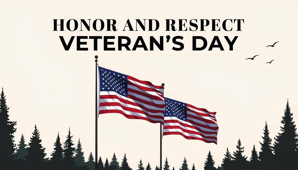 Veterans Day illustration featuring American flags and pine trees
