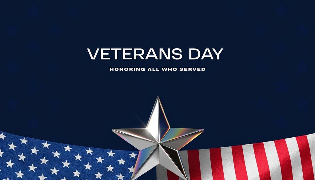 Veterans Day background vector featuring a metallic star, American flag lower border, and text reading Veterans Day Honoring All Who Served