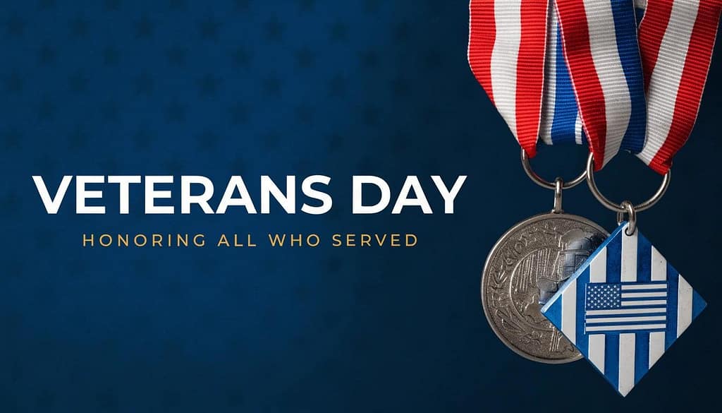 Veterans Day graphic background featuring military medals with red white blue ribbons on a dark blue star patterned background.