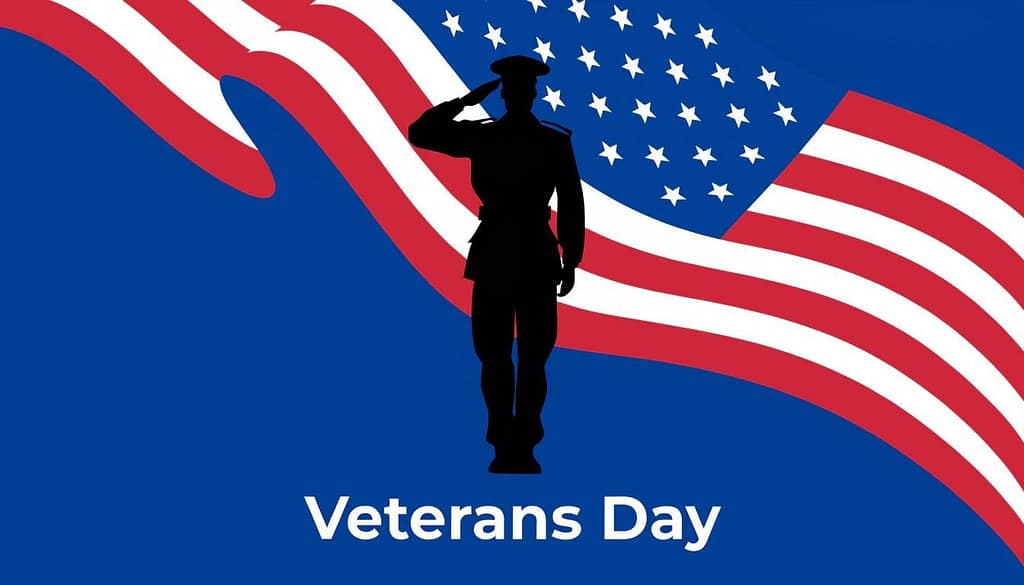 Saluting soldier silhouette against a waving American flag for Veterans Day vector background