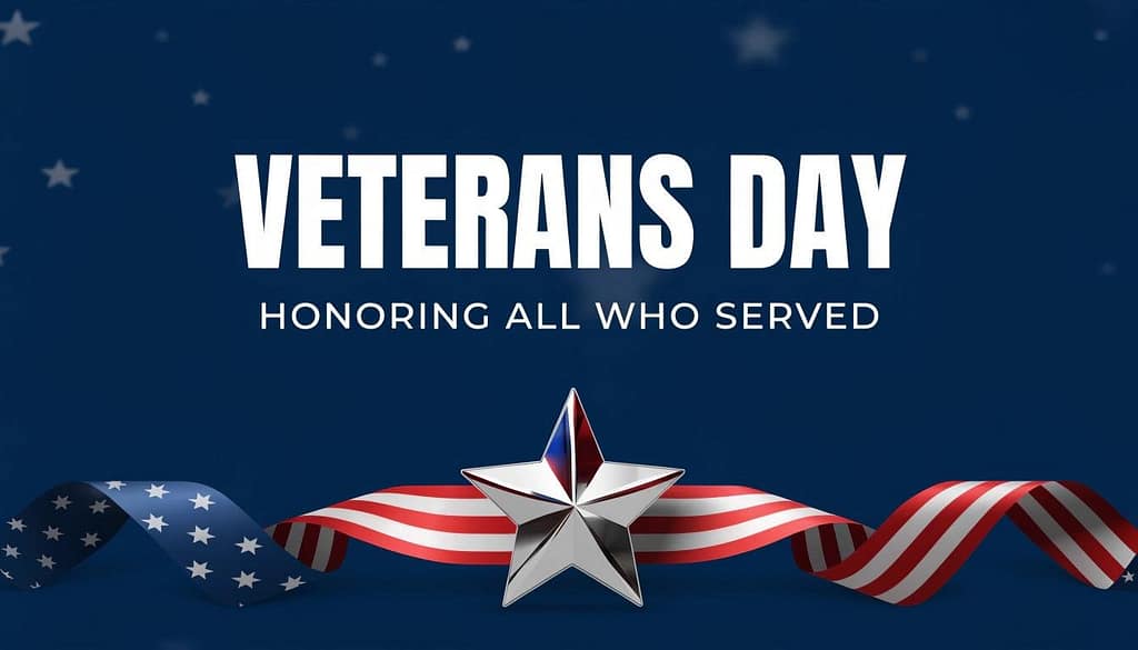Veterans Day vector banner with 3D star, American flag ribbon, and text Honoring All Who Served
