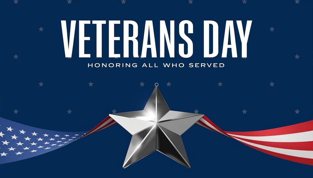 Veterans Day background vector with silver metallic star, American flag ribbon, and text Honoring All Who Served