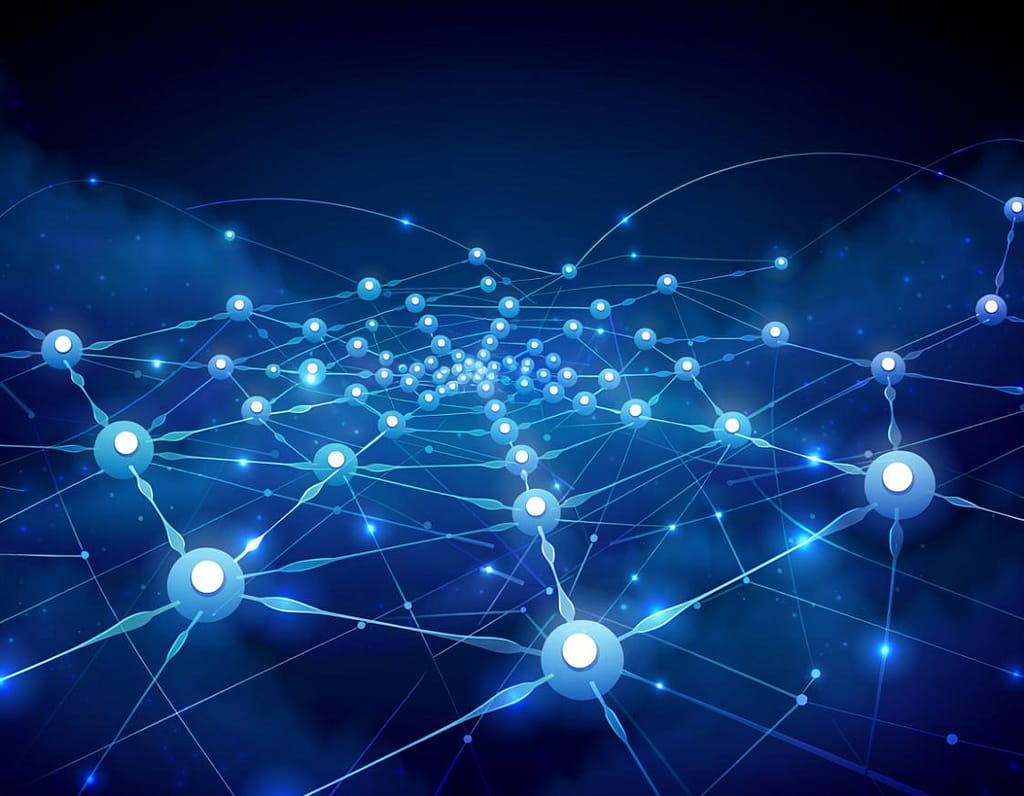High-resolution abstract technology network background featuring glowing nodes and intricate connection lines on a deep blue gradient, symbolizing digital connectivity and artificial intelligence.