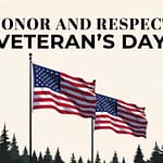 Veterans Day illustration featuring American flags and pine trees