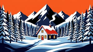 Cozy winter cabin nestled in snow-covered pine trees with majestic mountains under an orange sky
