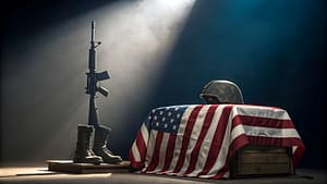 Solemn tribute to fallen soldier with rifle, boots, helmet, and American flag