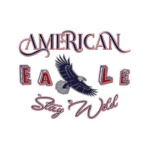 A stylized illustration featuring a soaring eagle and the words 'American Eagle Stay Wild' in bold, patriotic colors. Perfect for apparel or patriotic designs.