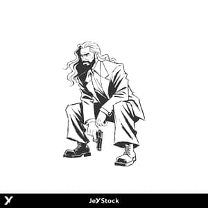 John Wick Style Man in Suit Crouching with Pistol Illustration