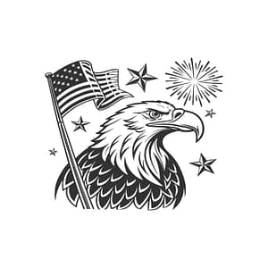 Download this high-quality, black and white American Bald Eagle vector illustration featuring the US flag and stars. Perfect for patriotic designs, t-shirts, and 4th of July graphics.
