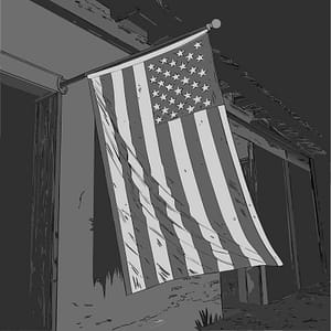 Download our premium distressed American flag vector illustration. High-contrast grayscale graphic perfect for apparel prints, vintage posters, and editorial art.
