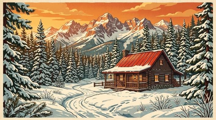 Illustration of a cozy log cabin surrounded by snowy pine trees with sunset mountains in the background.