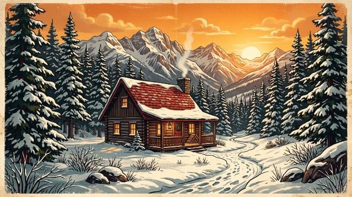 Cozy log cabin in a snowy pine forest with sunset shining behind alpine mountains vector illustration.