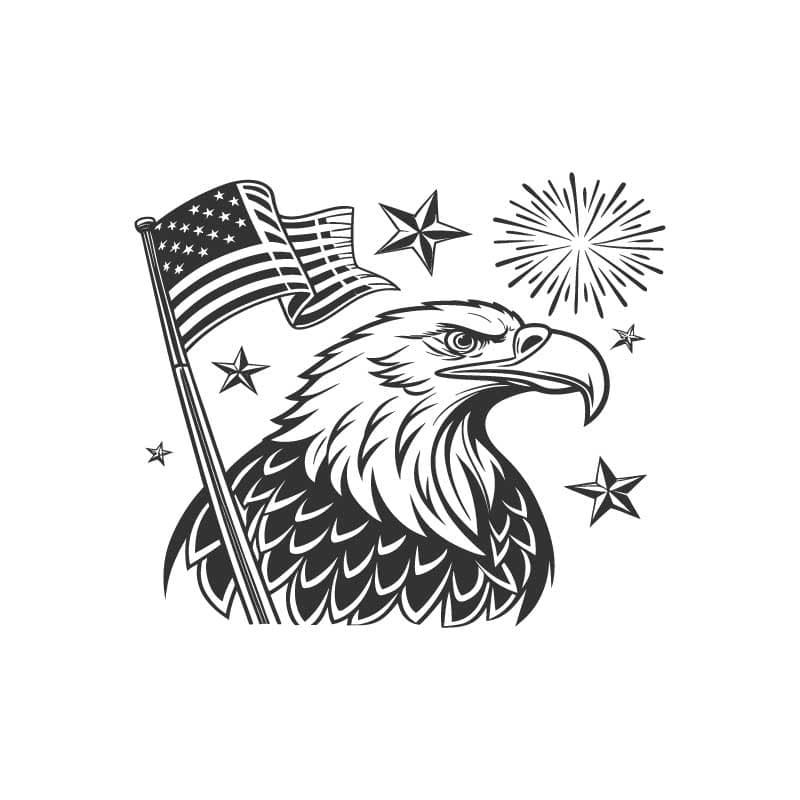 Download this high-quality, black and white American Bald Eagle vector illustration featuring the US flag and stars. Perfect for patriotic designs, t-shirts, and 4th of July graphics.