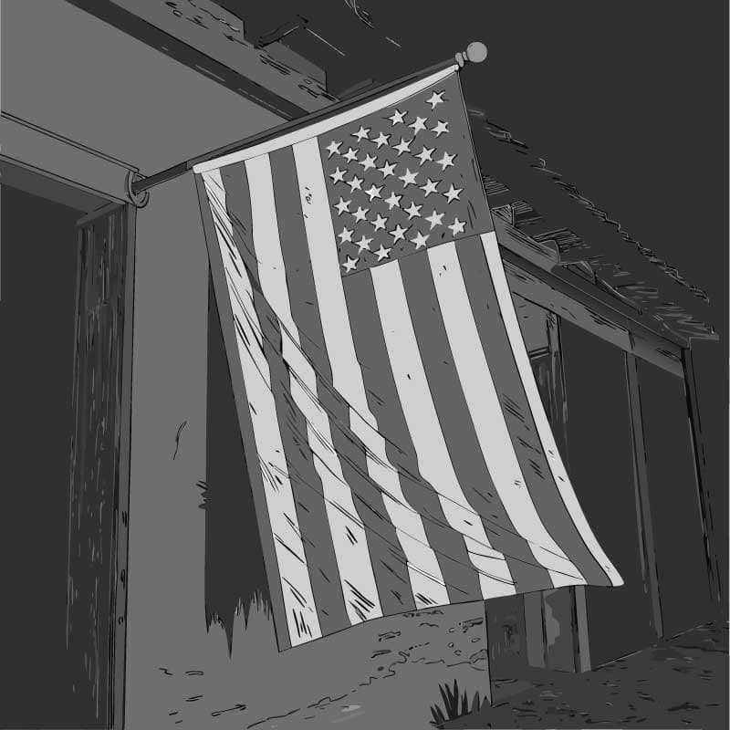 Download our premium distressed American flag vector illustration. High-contrast grayscale graphic perfect for apparel prints, vintage posters, and editorial art.