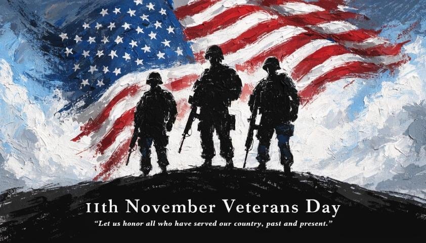 Silhouetted military soldiers standing in front of an oil-painted American flag for Veterans Day 11th November.
