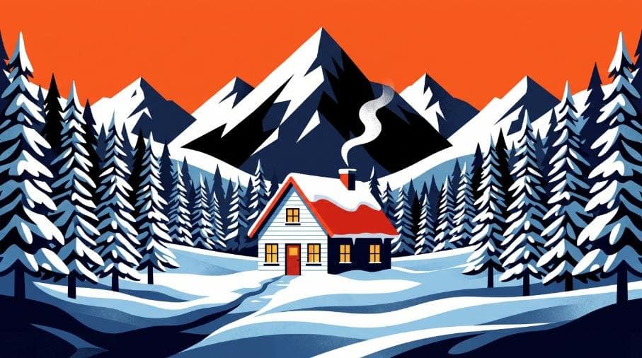 Cozy winter cabin nestled in snow-covered pine trees with majestic mountains under an orange sky