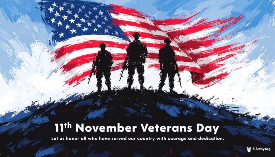 Painted American flag artwork with silhouettes of soldiers standing on a hill for 11th November Veterans Day