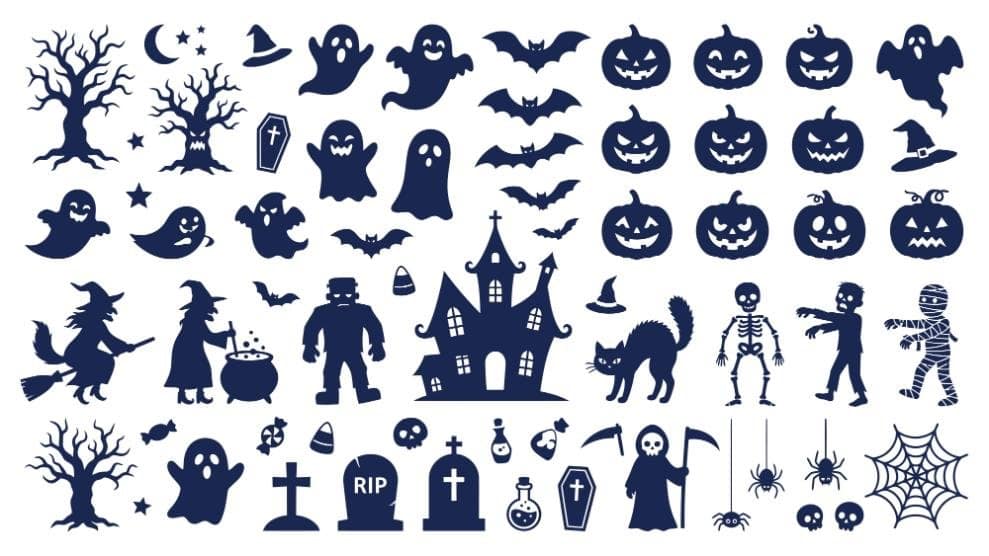 Collection of Halloween vector silhouettes including pumpkins, ghosts, bats, and a haunted house